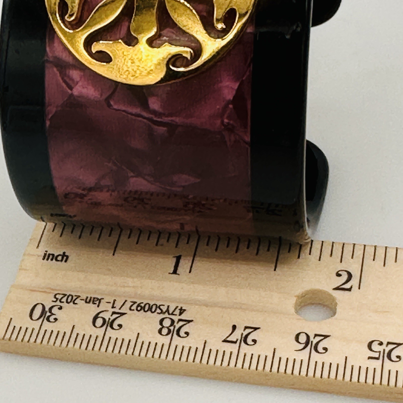 Rustic Cuff Plum Marbled Lucite Wide Open Cuff Bracelet Gold Medallion Statement