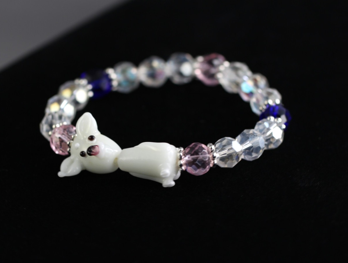 Dog Bracelet White Lampwork 7″ inch Elastic Glass Beads 10mm Pink & Blue Crystal