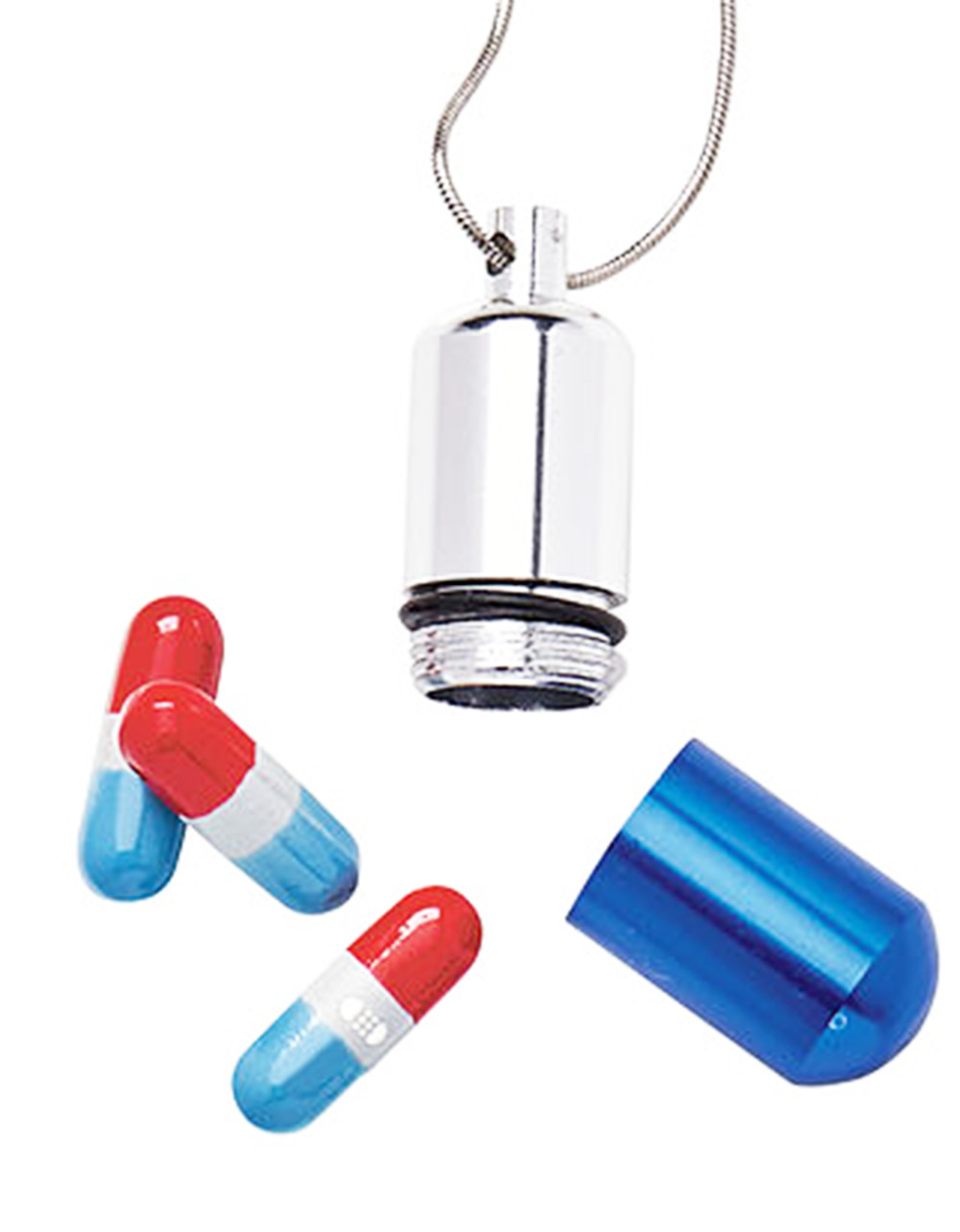 Blue Metallic Pill Holder Necklace Silver Chain