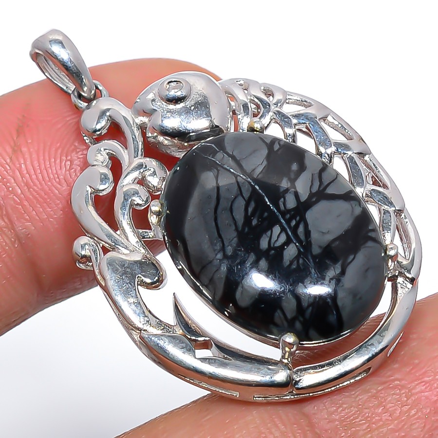 Picasso Jasper & White Topaz 925 Silver Plated Fish Pendant 1.56″ T96