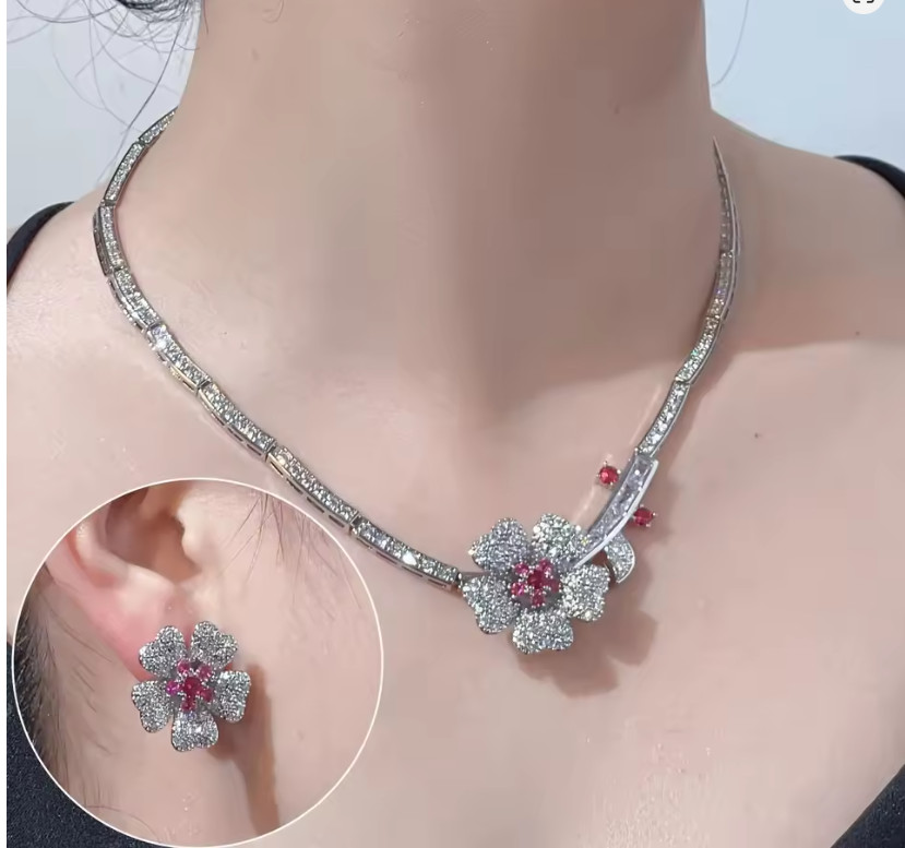 Ladies Girls Silver Necklace Earrings Jewelry Set Flower Choker Women Party Set