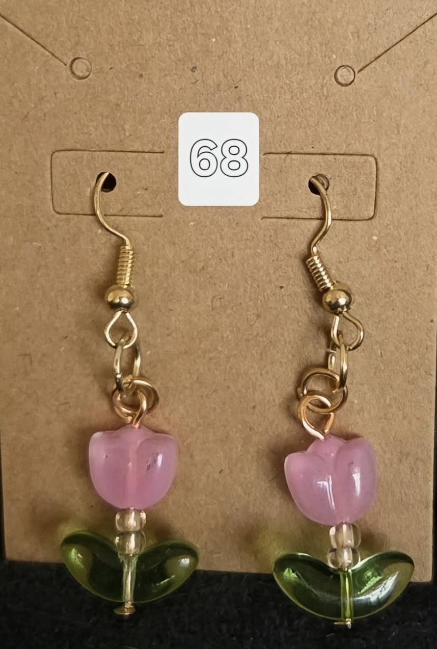 Pink Tulip Dangle/Drop Hook Earrings Beaded Glass Green Accent Lobe