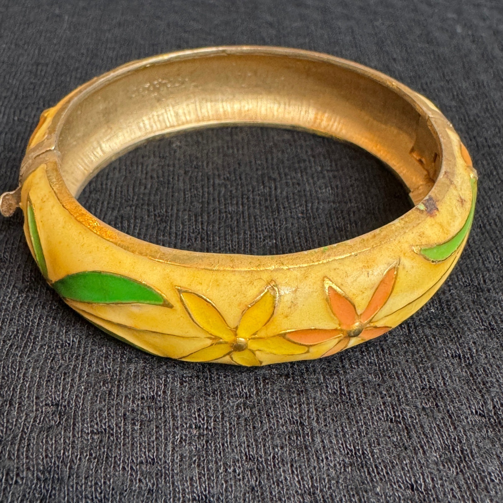 Vintage Cloisonne Bangle Bracelet Hinged Brass Heated Enamel Floral Asian Art