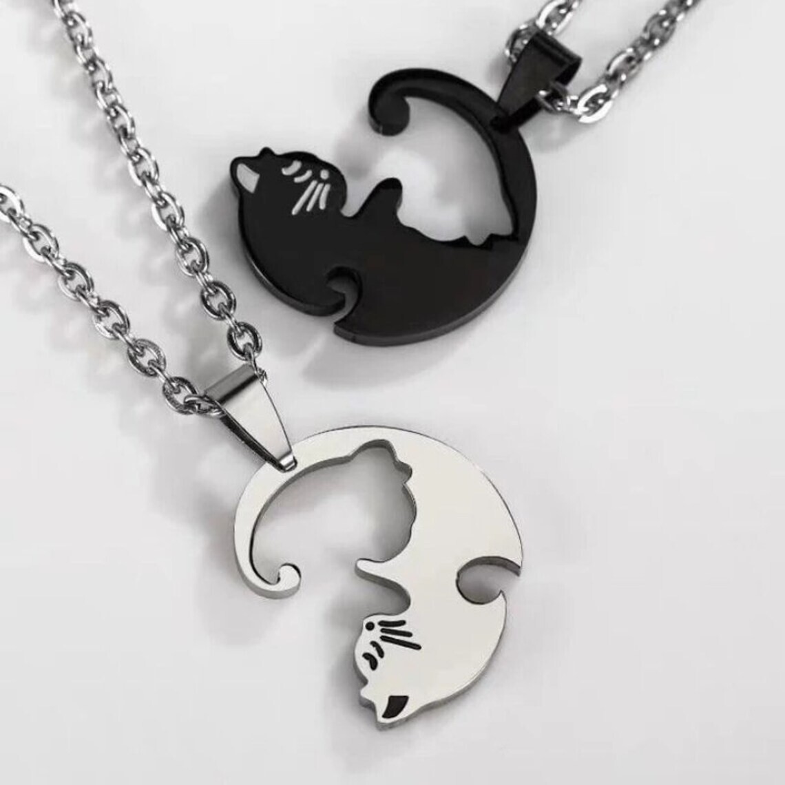 2 Piece Black & Silver Cat Matching Necklace Couple Cute Pendant Love BFF, Gift