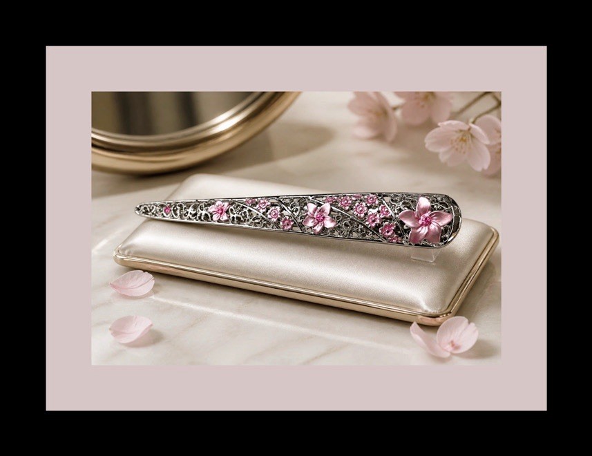 LONG SILVERTONE HAIR CLAMP PINK CRYSTALS ENAMEL FLOWERS SHIPS FAST FROM USA