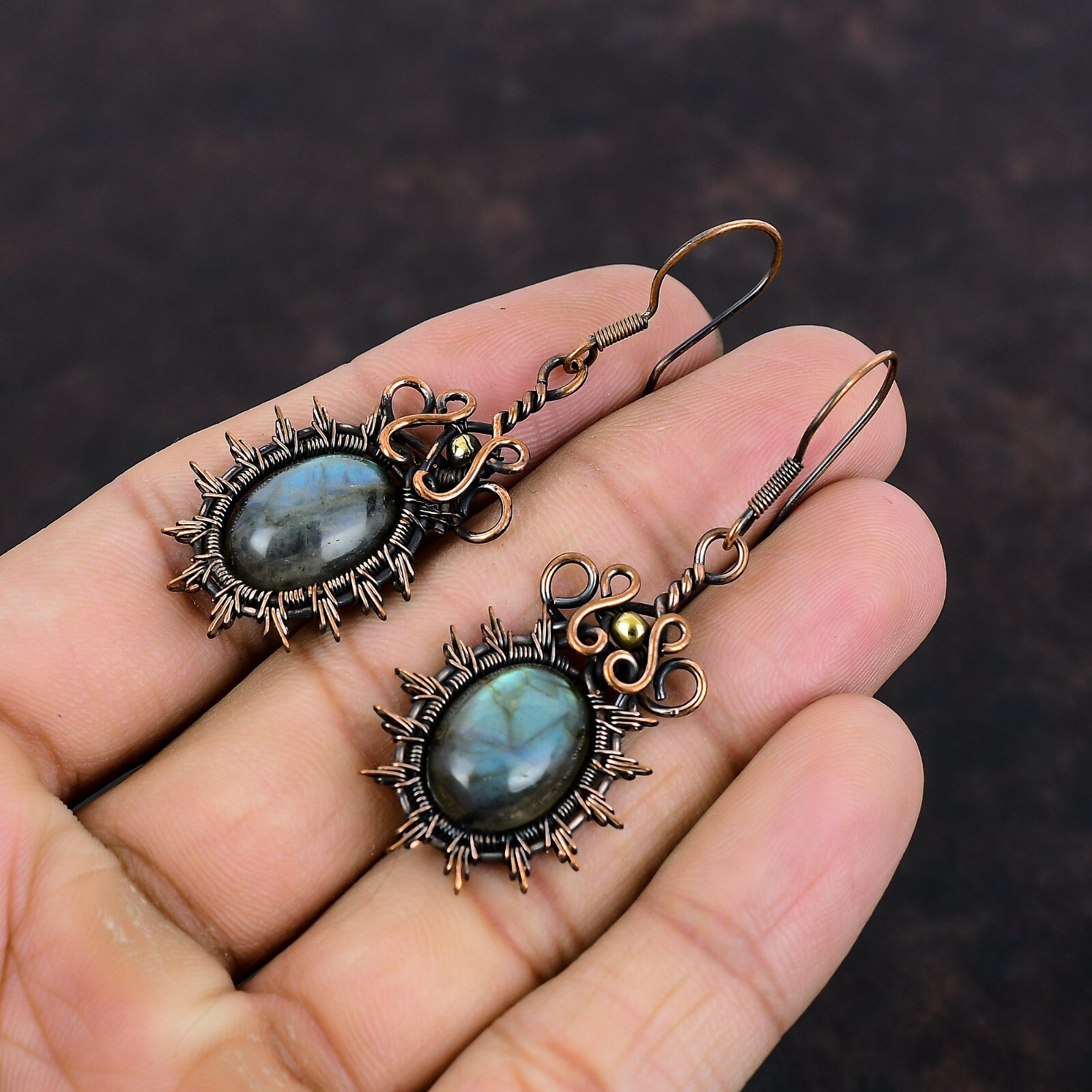 Labradorite Wire Wrapped Drop/Dangle Earrings Handcrafted Copper Ethnic 2.36″