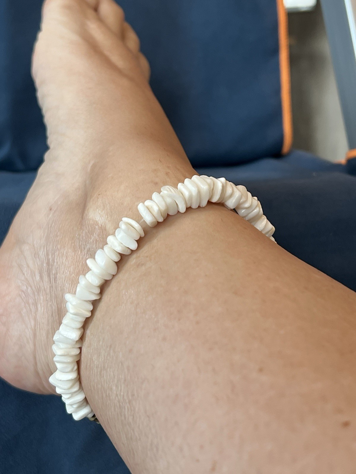 White Shell Chip Beaded Beach Anklet, Adjustable, Brass Barrel Closure, 9 in