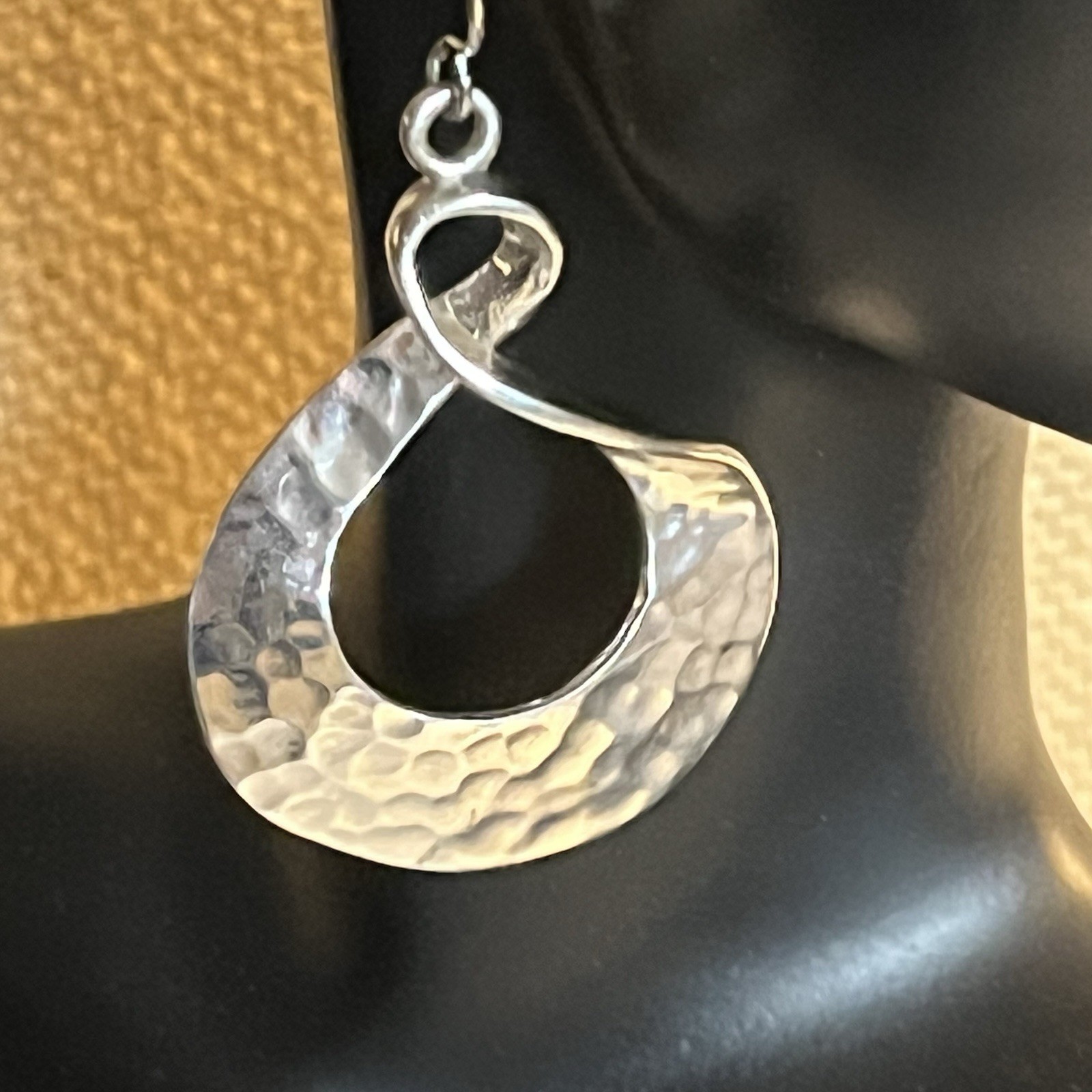 Hammered Silverplate Pierced Earrings 1 3/4 Inches Long Twisted Oval Dangles
