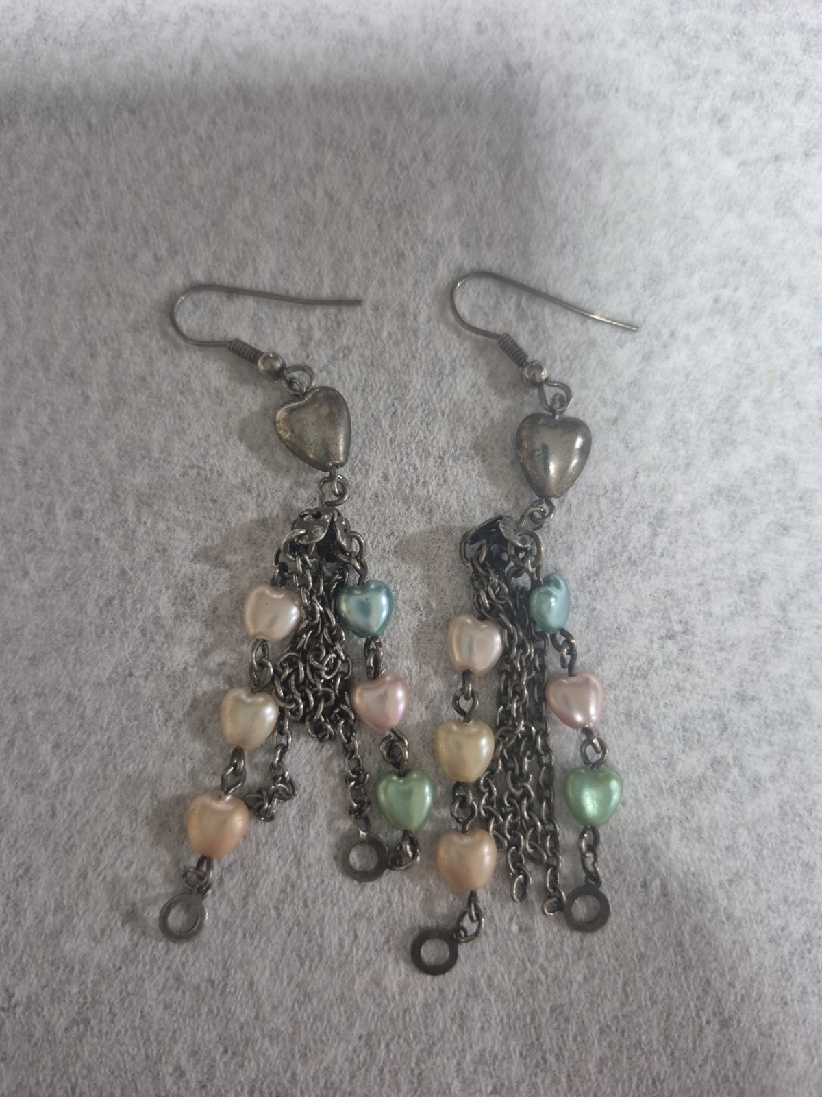Vintage Silver Tone Pastel Heart Chandelier Dangle Earrings Y2K Coquette Boho