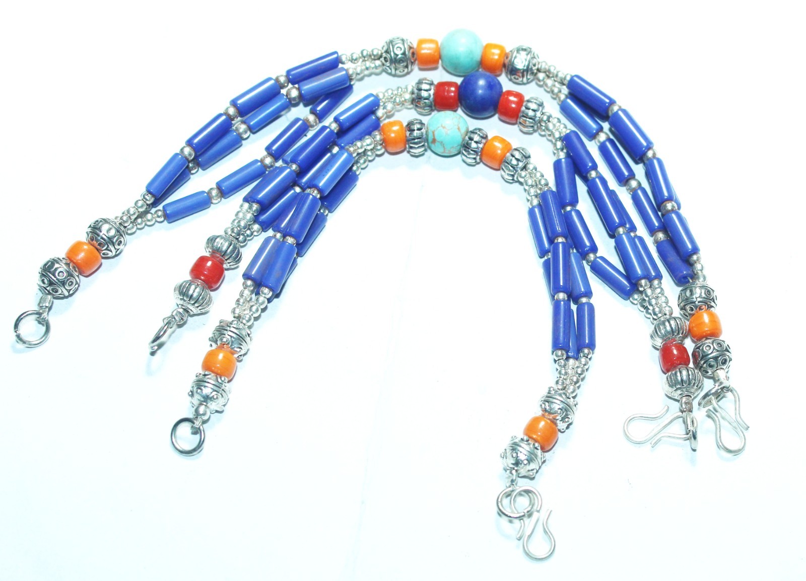 Tibetan Turquoise Amber Coral Lapis Gemstone Handmade Nepali Bracelet Size 7.8In