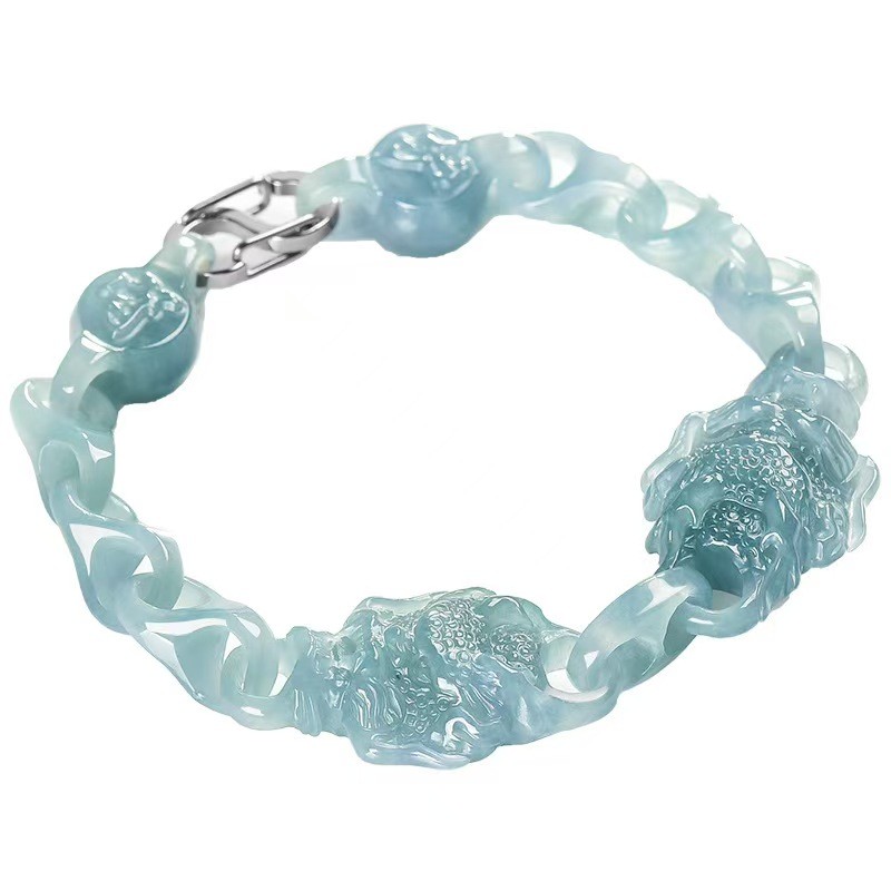 Real Grade A Natural Green Jade Jadeite Dragon Head Anchor Link Bracelet