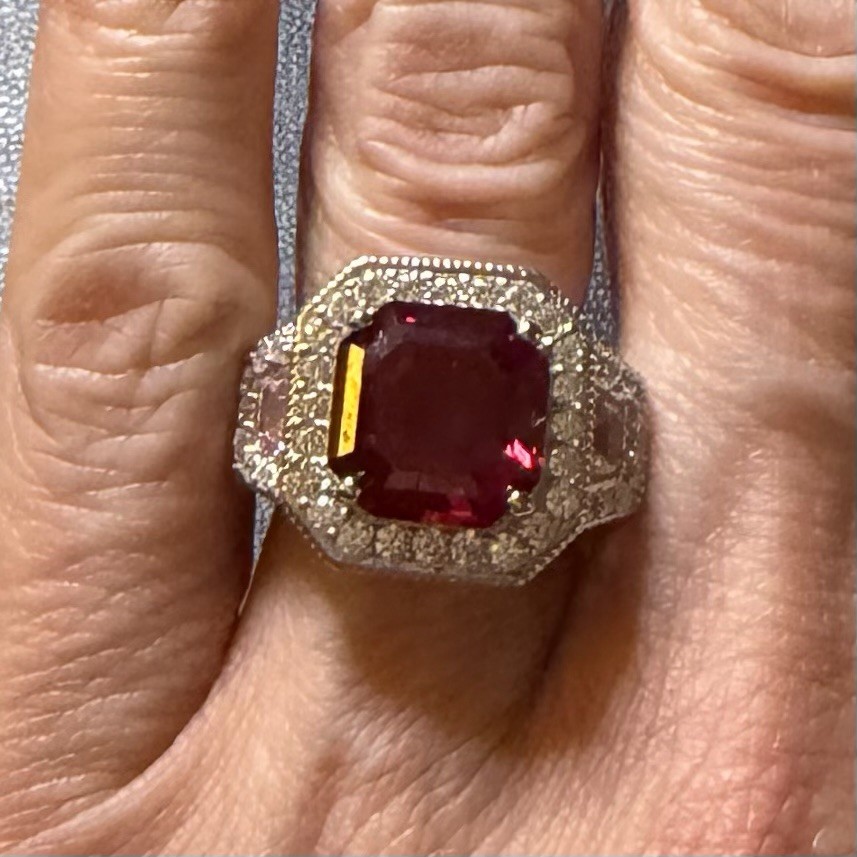 Judith Ripka Lab Ruby, Pink CZ Trapezoid sides, & pave CZ Celebration Ring, Sz 6