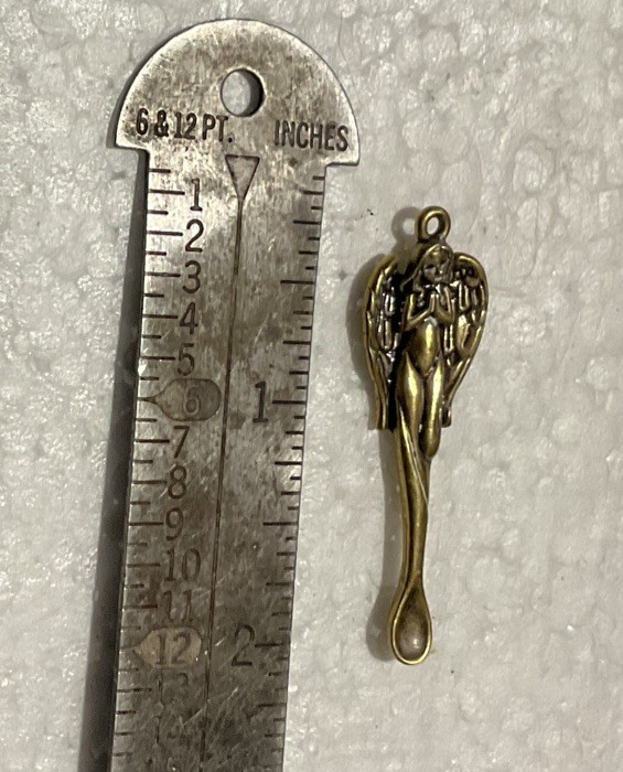 Figural Praying Angel Mini Snuf Spoon Pendant Brass 2” Unique Ear Wax Tool