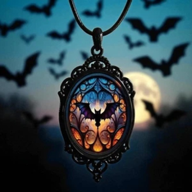 2pc Set Gothic Halloween Bat & Witch Pendant Necklaces Party Jewelry Gift