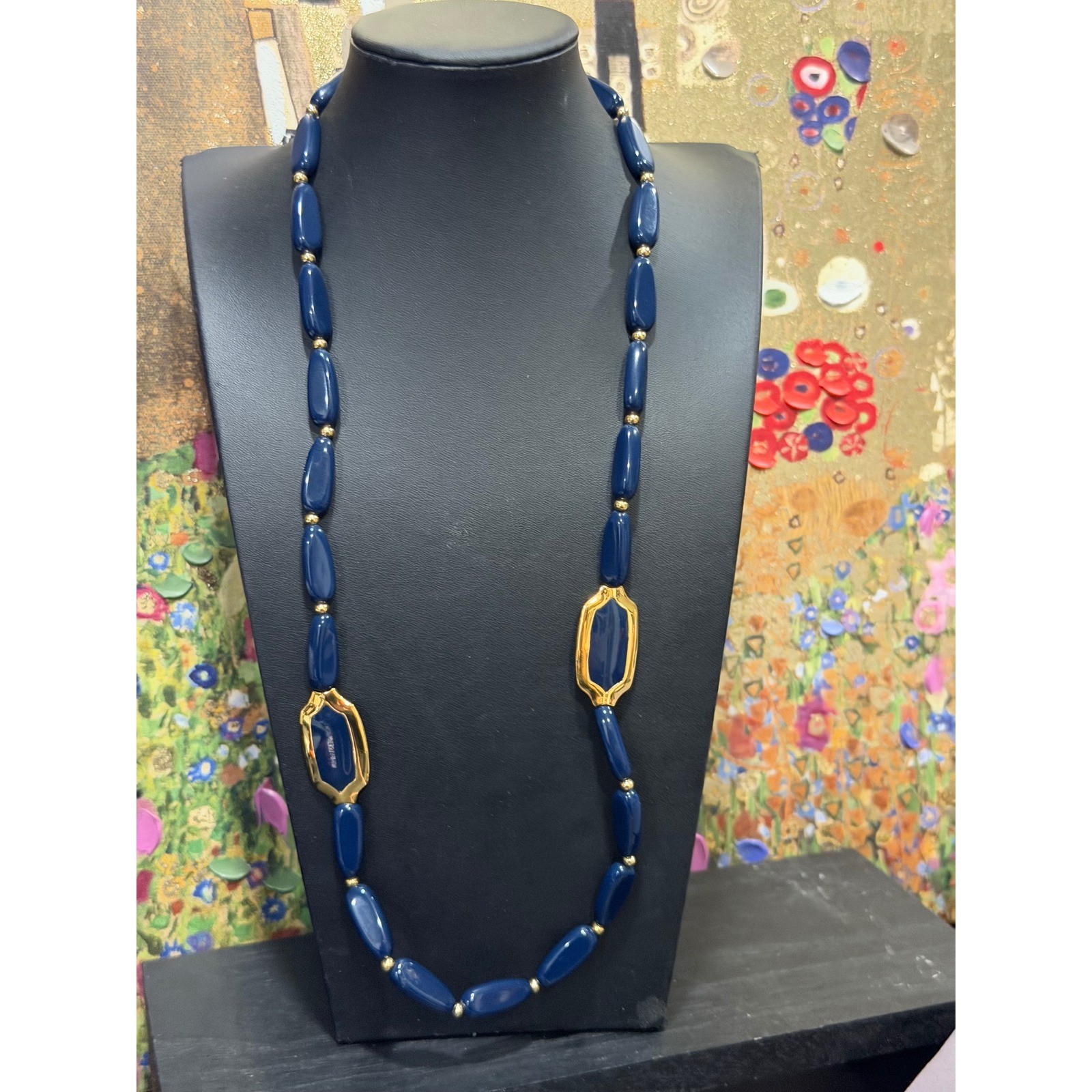 Napier Beaded Necklace Womens 28in Navy Blue Gold Vintage Long Station