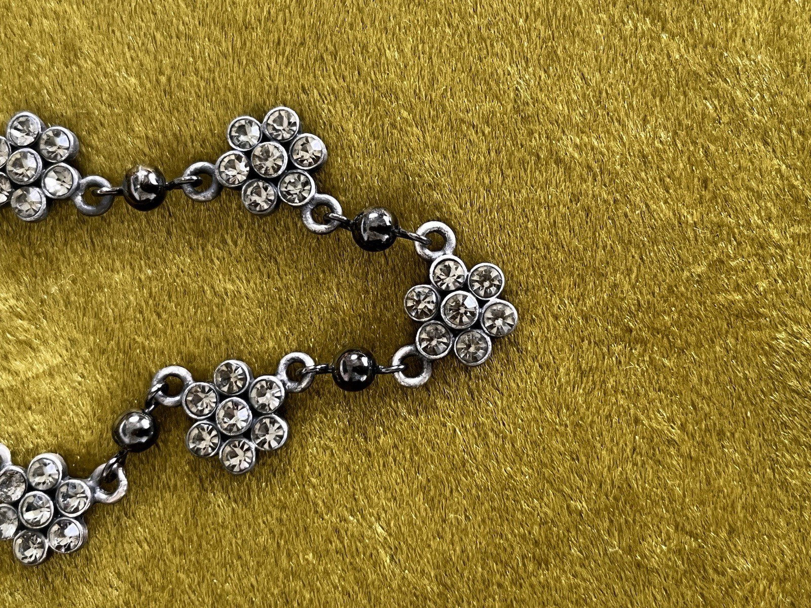Smokey Crystal 1/2” Flower Floral Gunmetal Necklace 16 1/2” Adjustable Length