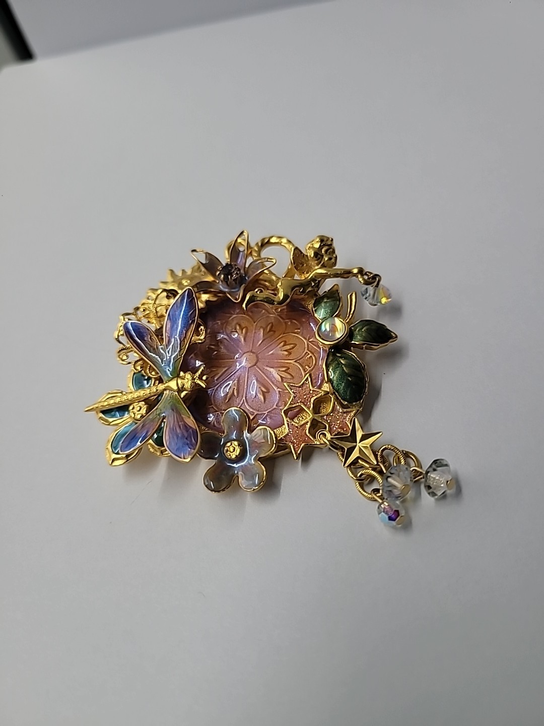 Vintage Kirks Folly Fairy Dragonfly Garden Brooch Iridescent Medallion Retired