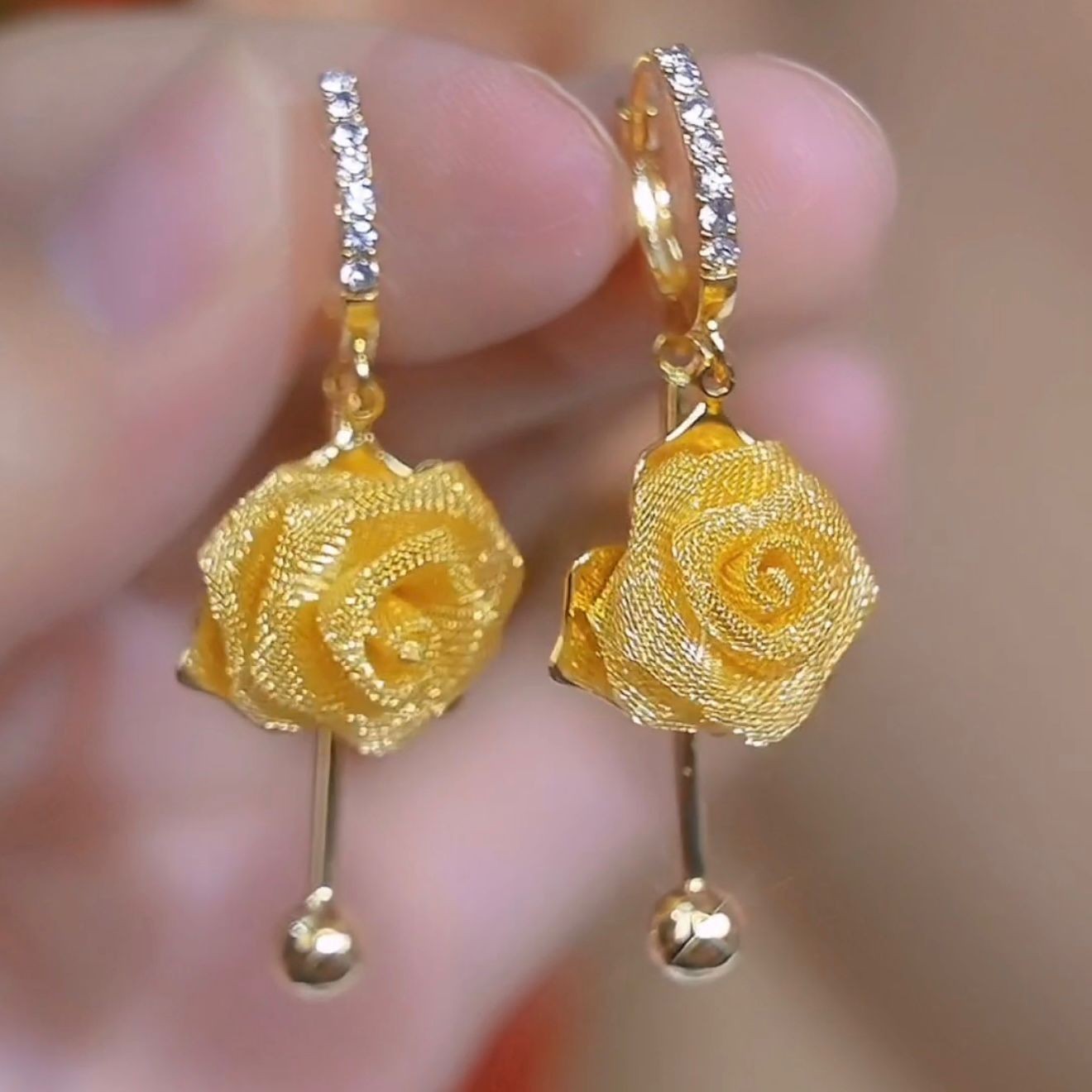 Sparkling Pavé Mesh Yellow Rose Flower Long Tassel Golden Hoop Earrings