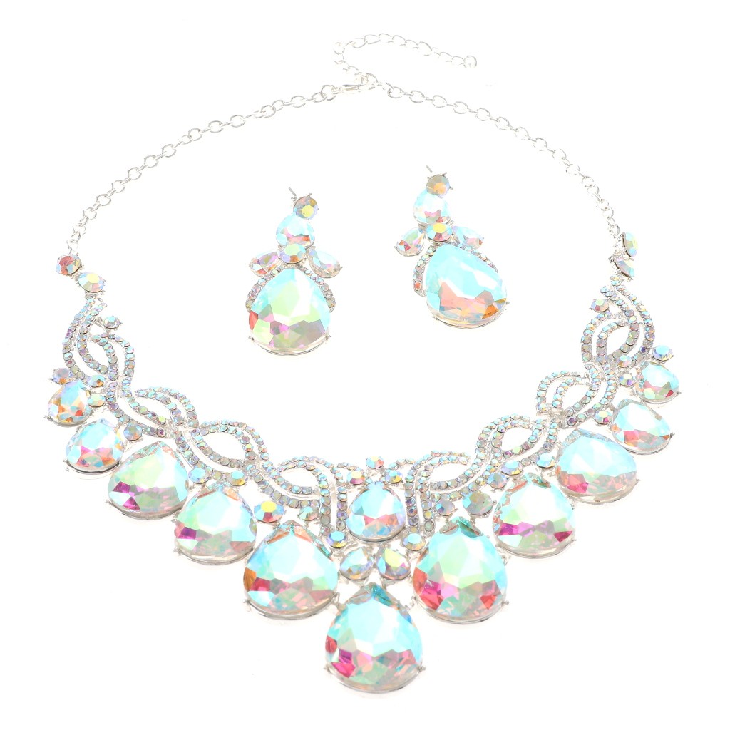 Silver Tone Alloy Metal Rhinestone Necklace Earring Set S20712-SAB