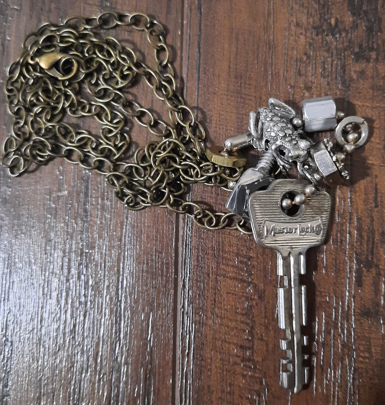 27 Inch Rustic Charm Necklace With Key, Nuts, Bolts Washers And Frog~ Steampunk