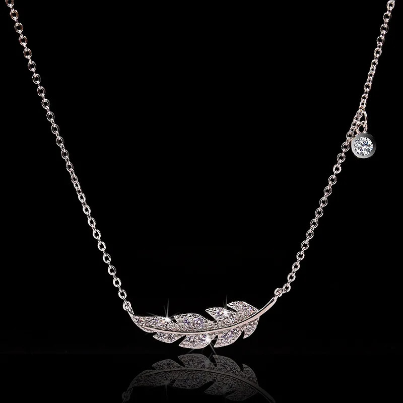 Feather Leaf Pendant Necklace 925 Sterling Silver Micro Pave Women Jewelry