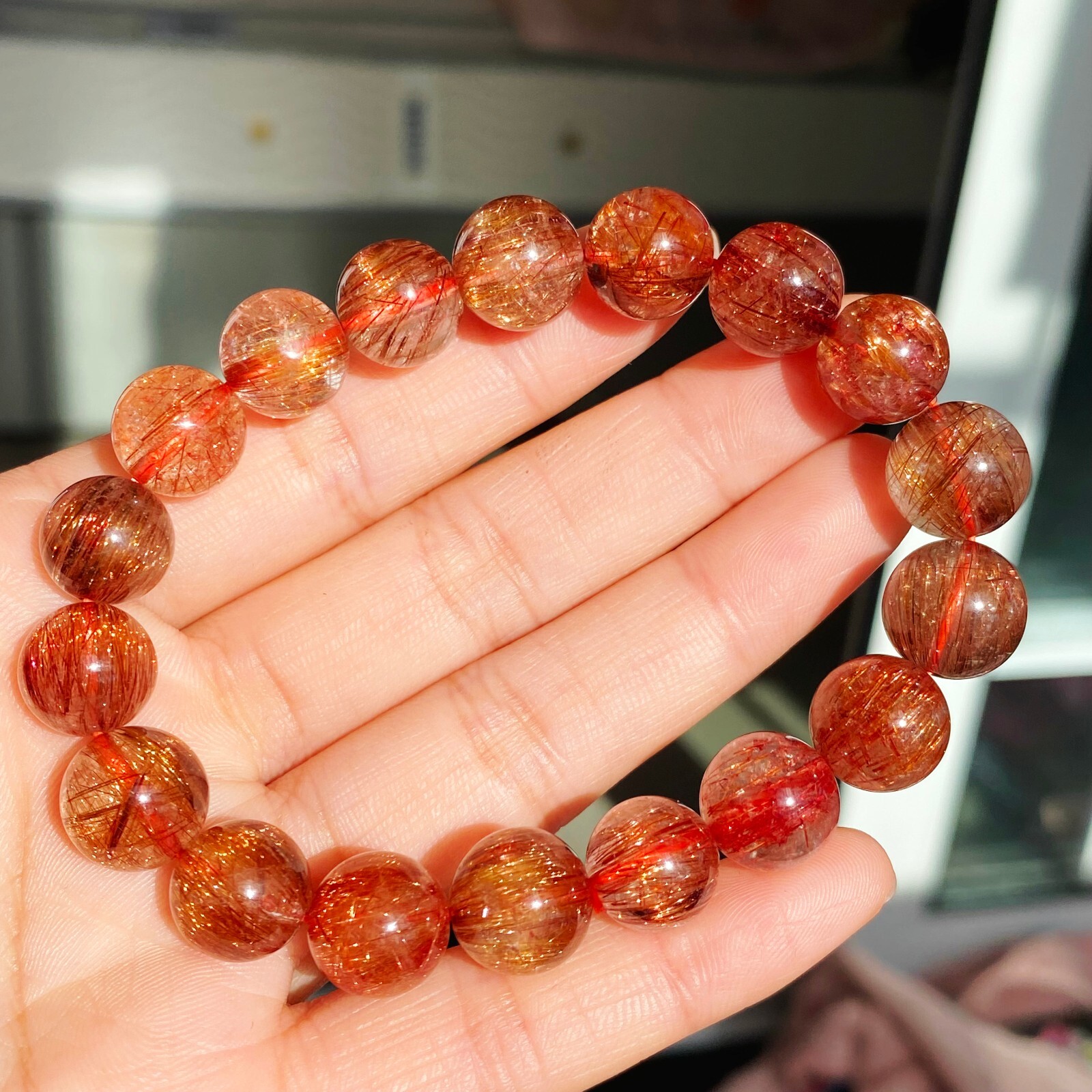 10.7-11.3mm Natural Copper Rutilated Quartz Crystal Stretch Beads Bracelet 17