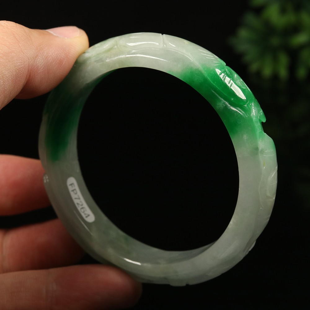 58mm White Emerald Green Jadeite Jade Bangle Bracelet Ruyi Rabbit Bat A-14581