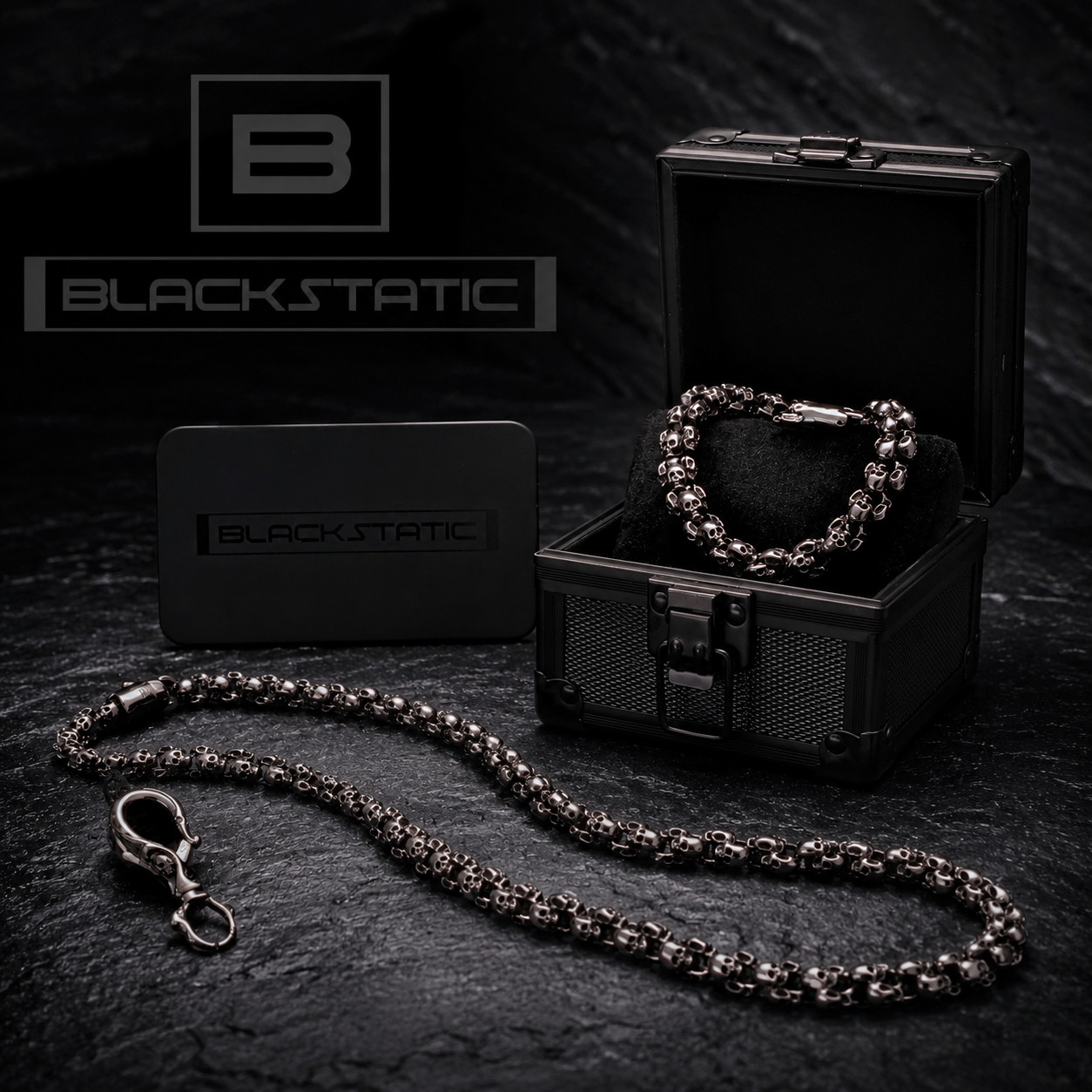 Polished Stainless Steel Silver Skull Bracelet w/Metal Gift Box – BLACKSTATIC