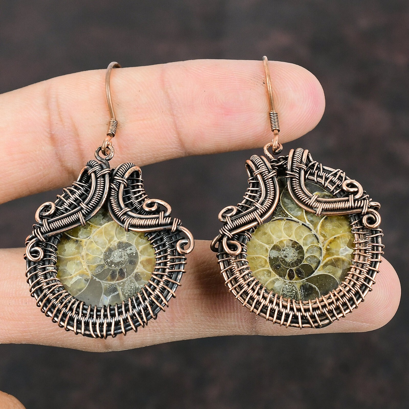 Ammonite Fossil Wire Wrapped Earrings Handcrafted Copper Dailywear 2.24″
