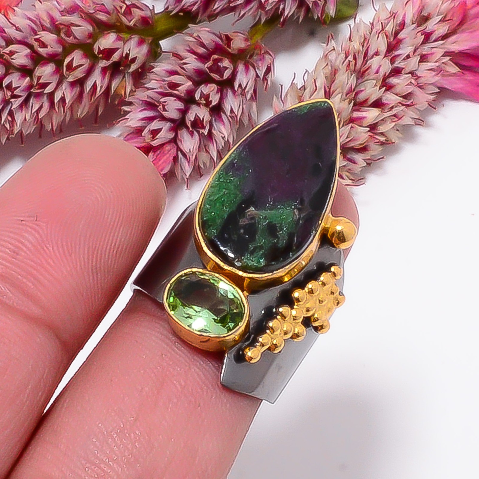 Natural Ruby With Zoisite, Green Amethyst 925 Sterling Silver Ring s.7 Sku13