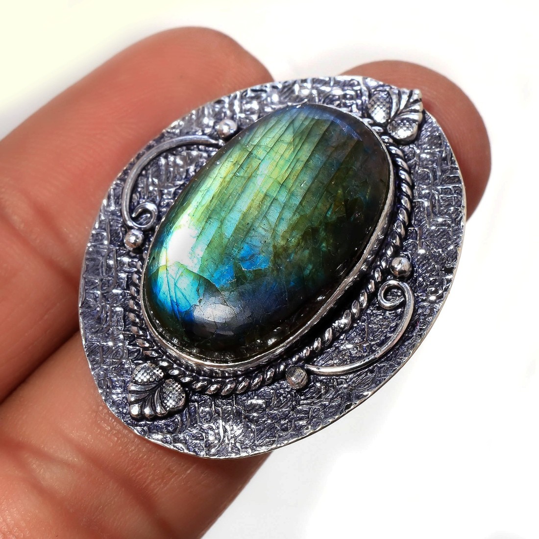 Blue Fire Labradorite Gemstone Ring Handmade Anniversary Gift Jewelry 8″ FR 173