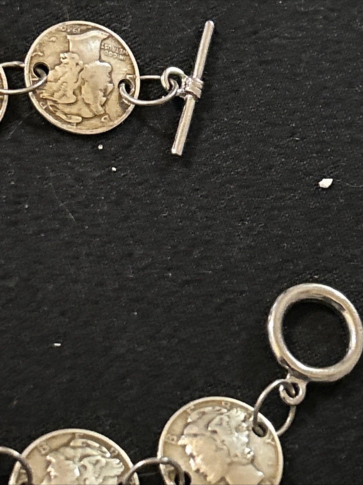 Repousse’ Mercury Dime Coin-Bracelet,.925, Toggle Clasp