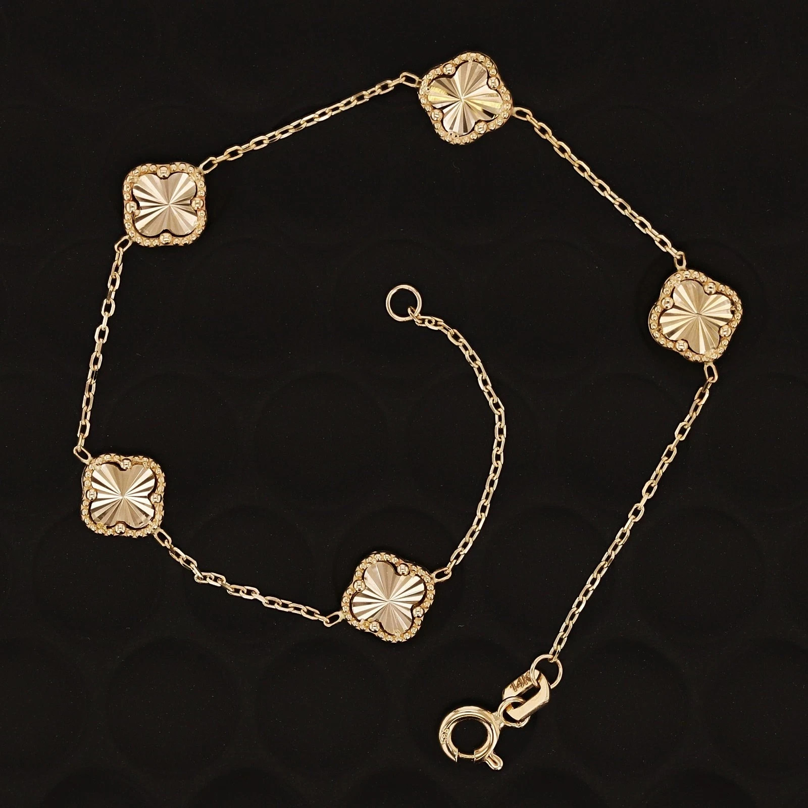 Italian 14k Yellow Gold Diamond Cut Clover Leaves Bracelet 7″ 7.6mm 2.9 grams