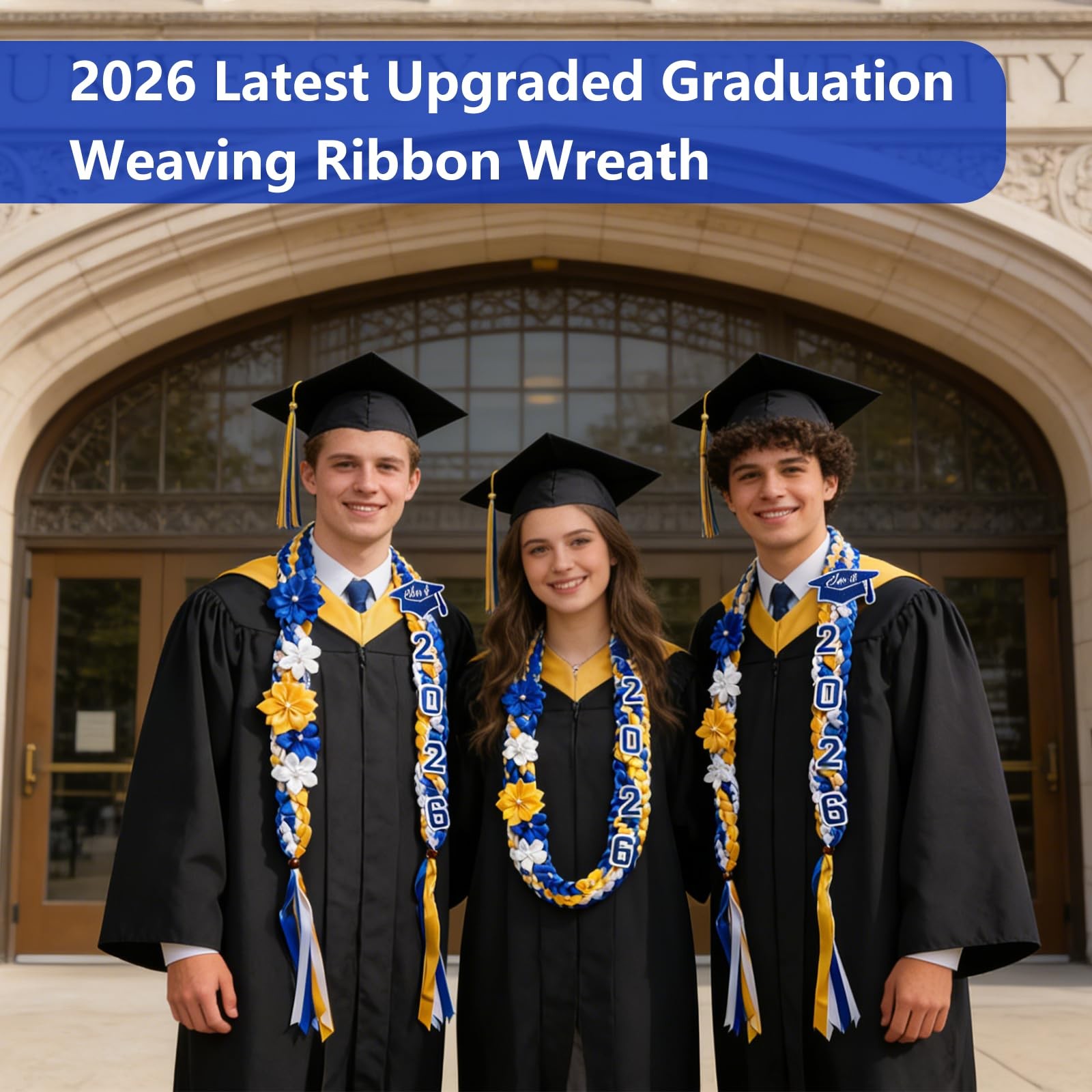 50” Graduation Lei 2026 Double Braided Ribbon Lei with 4 Satin Flowers, 2026 Gr