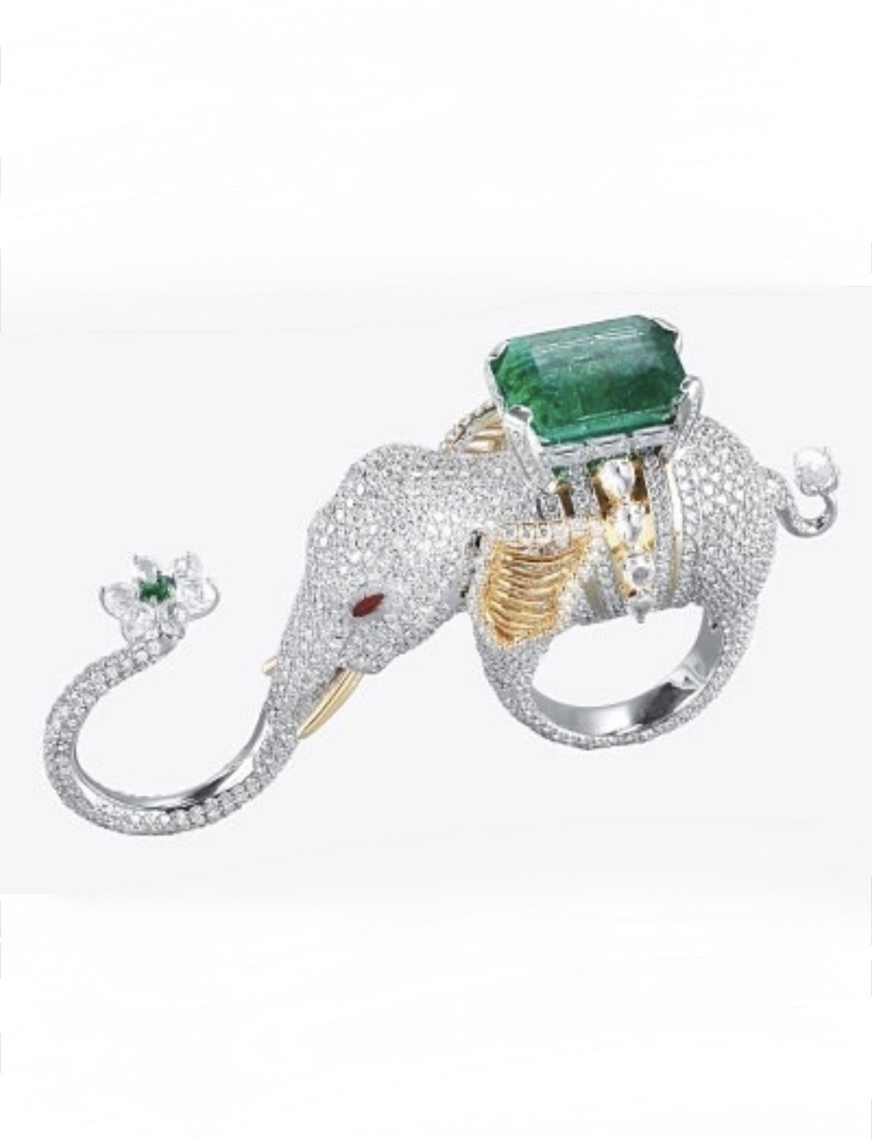 Queen Elephant 3 Finger Ring Emerald Ruby Austrian Crystals Platinum Plated Sz 8