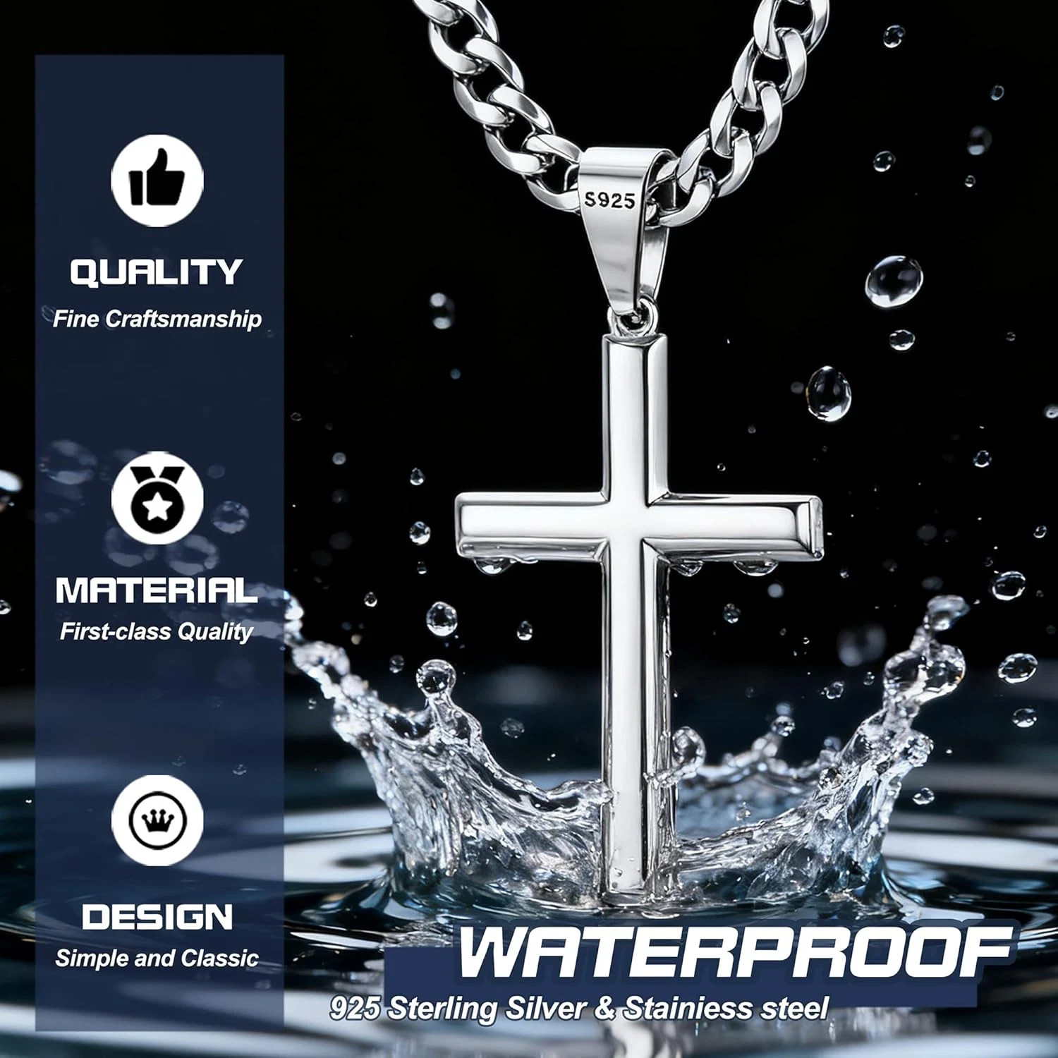 925 Sterling Silver Cross Necklace Beveled Edge for Men Women 5Mm Stainless Stee