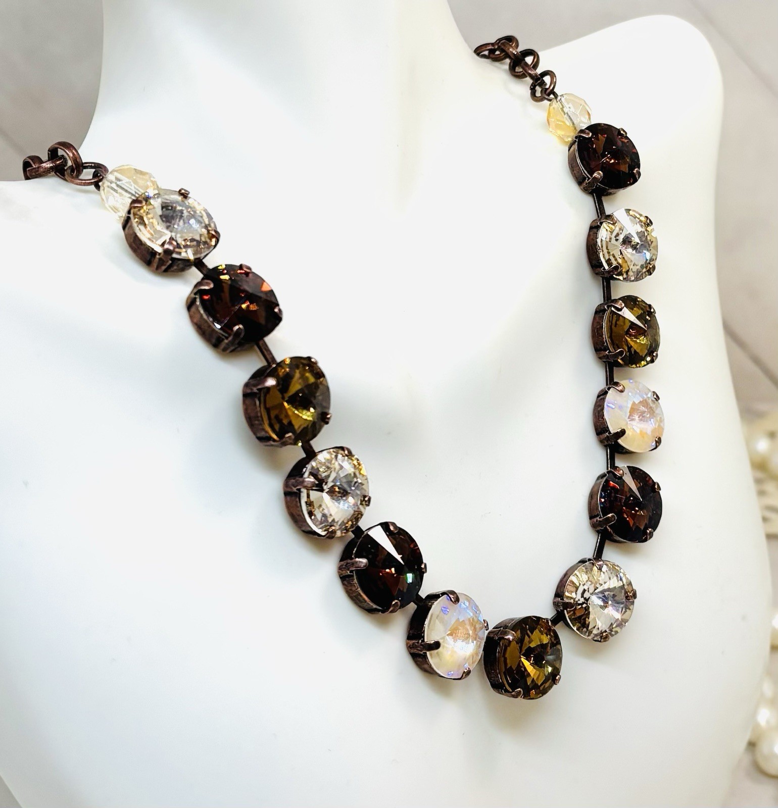 Antique Copper Plated Chocolate Brown and Cream Cup Chain Statement Necklace