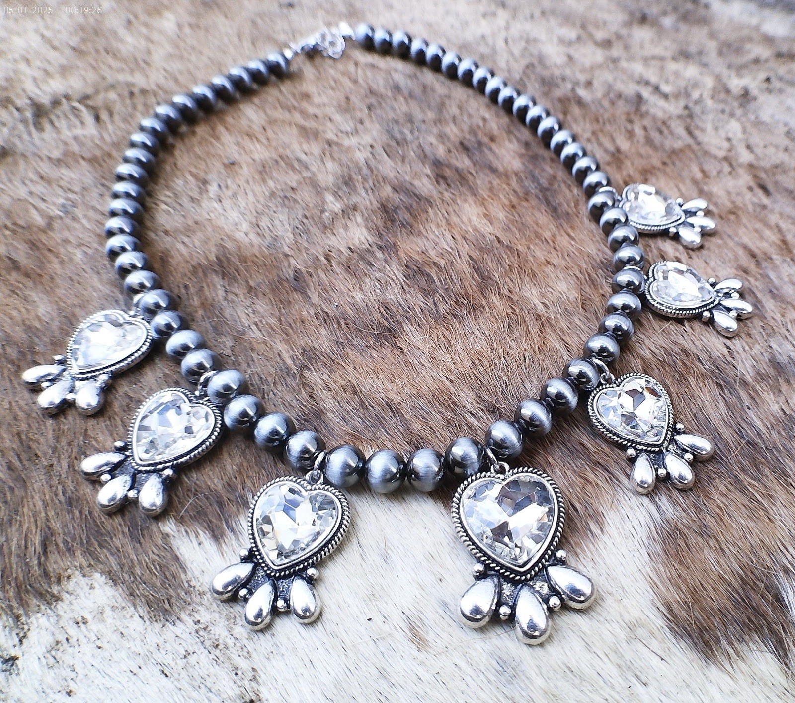 Western Clear Crystal Heart Necklace Navajo Pearl Style Cowgirl Statement Rodeo