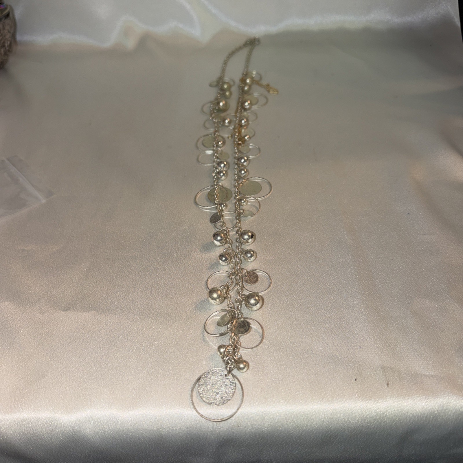 Lea Sophia Silver tone Shimmer Necklace With Silver Beads& Dangles 34 In Long