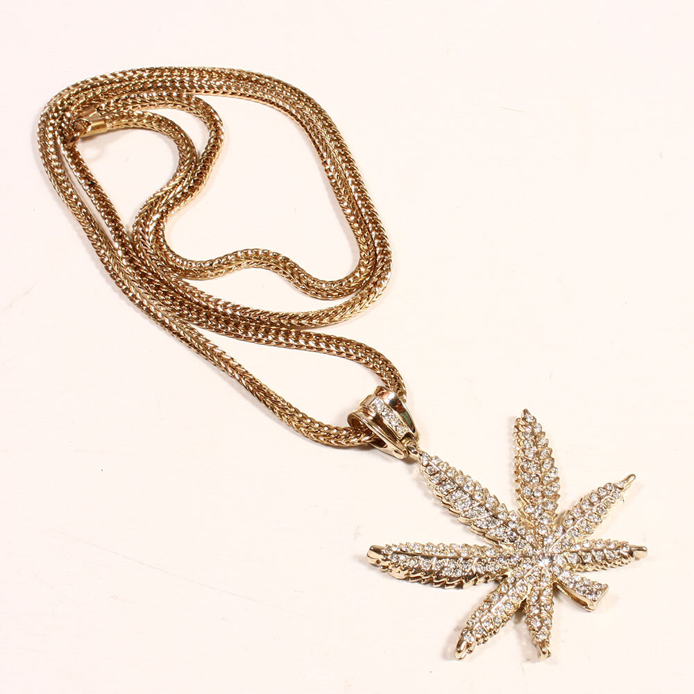 Men’s Marijuana Leaf Hip Hop Chain Weed Pendant Charm 36″ Inch Franco Gold tone
