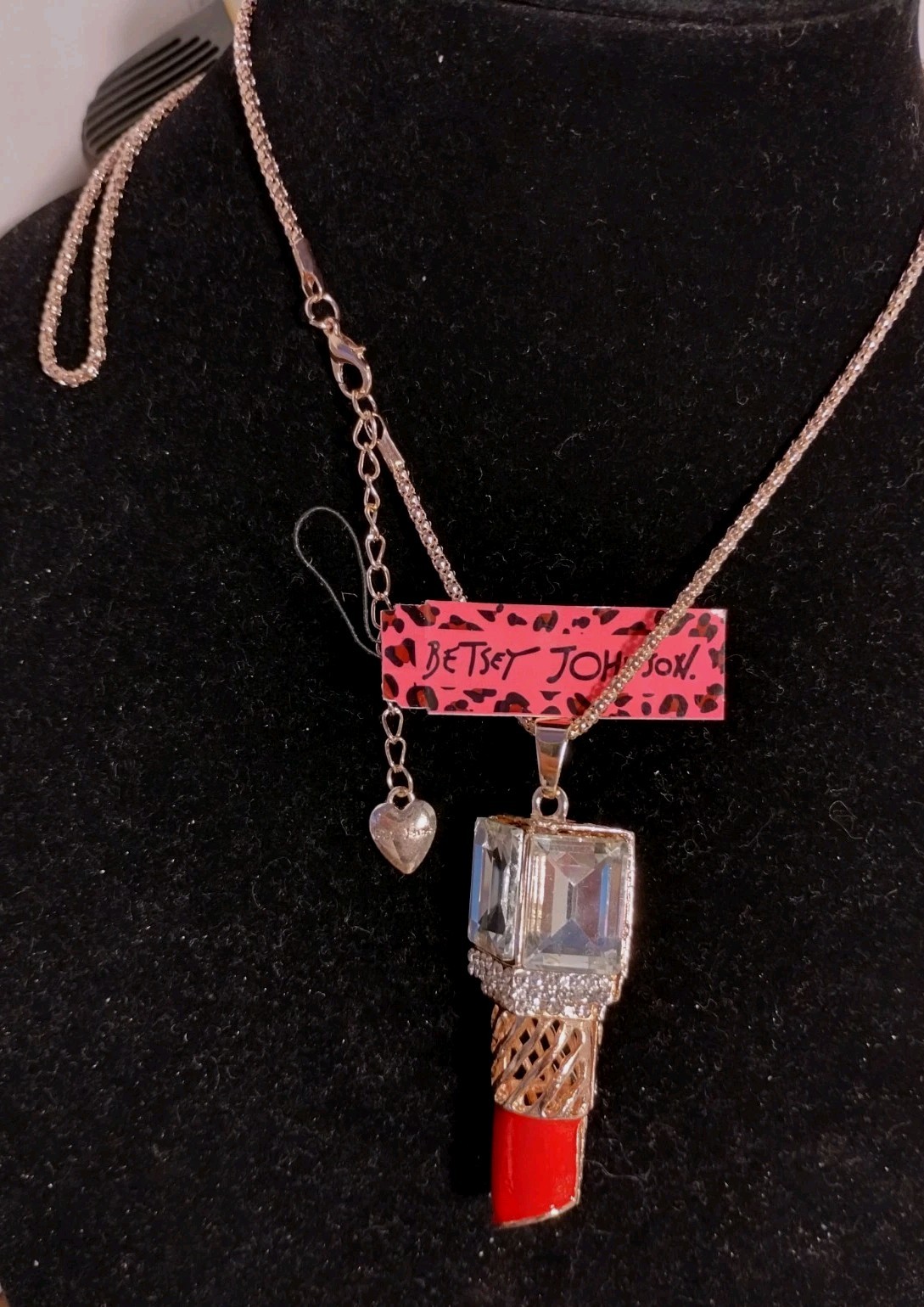 Betsey Johnson Enamel & Crystal Dangling Red Lipstick Shaped Necklace