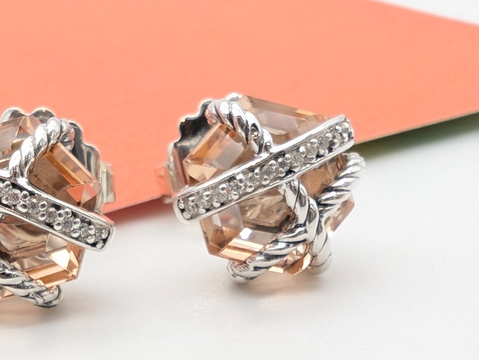 DAVID YURMAN Sterling Silver Cable Wrap Stud Earrings with Morganite & Diamonds