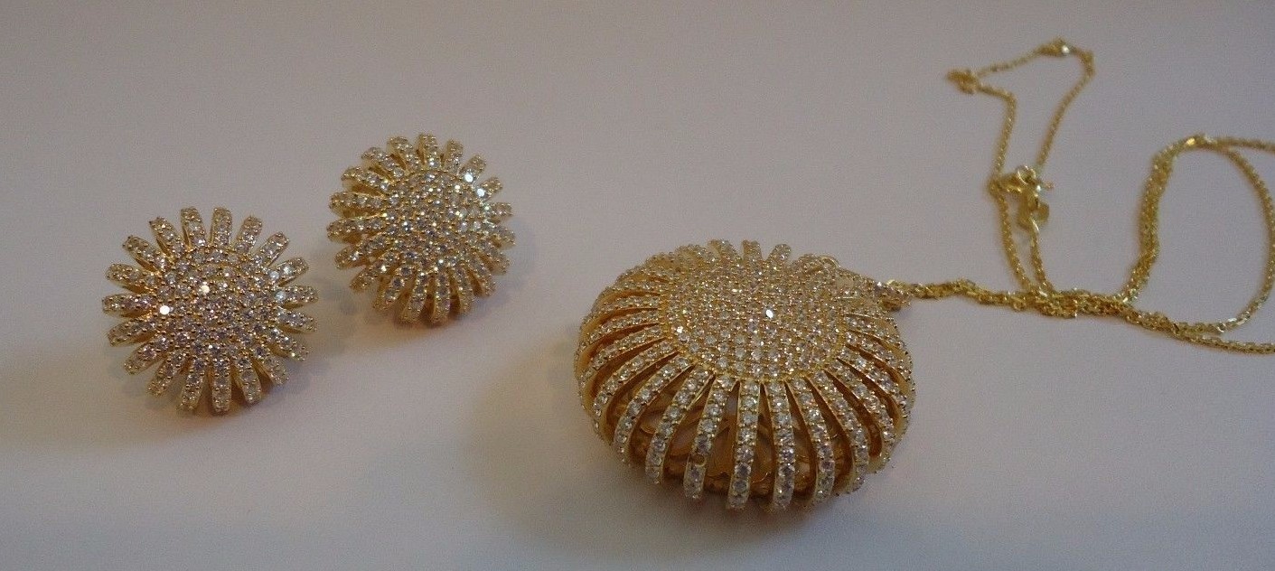 YELLOW PUFF SUN NECKLACE & EARRING SET12 CT LAB CREATED DIAMOND STERLING SILVER