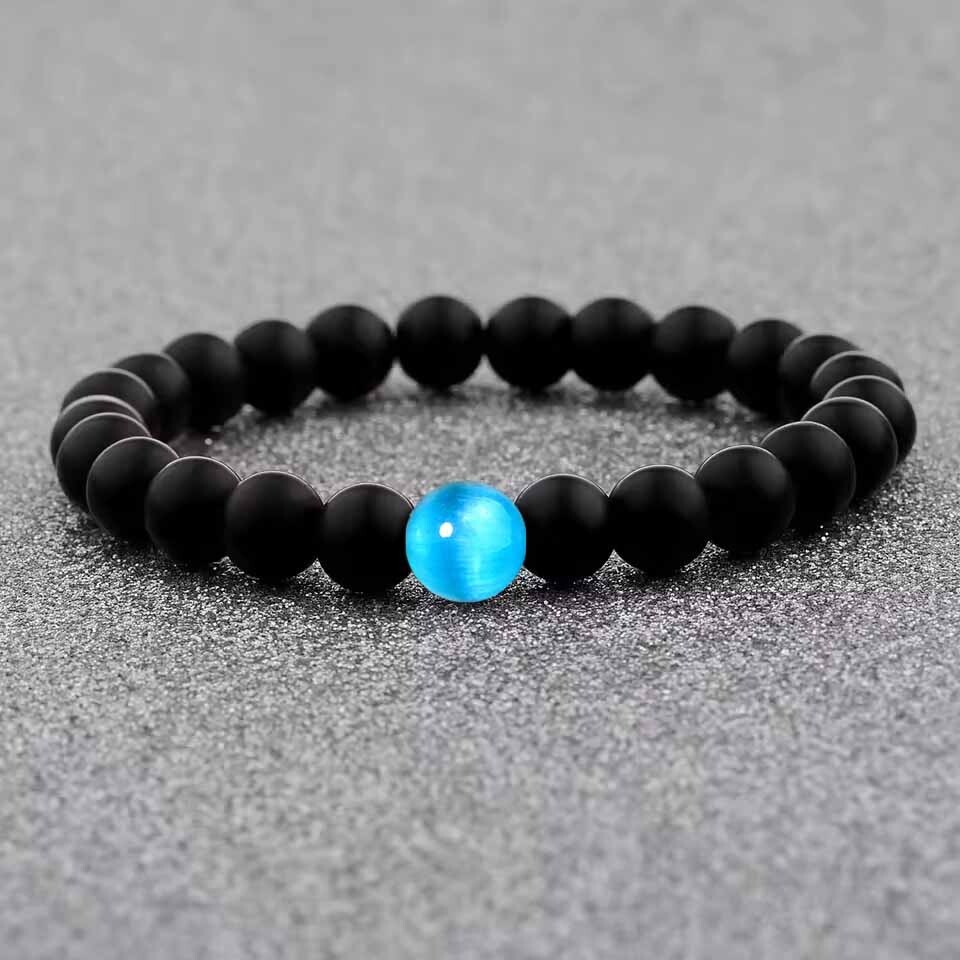8MM Black Onyx Blue Cat Eye Beaded Healing Chakra Protection Elastic Bracelet