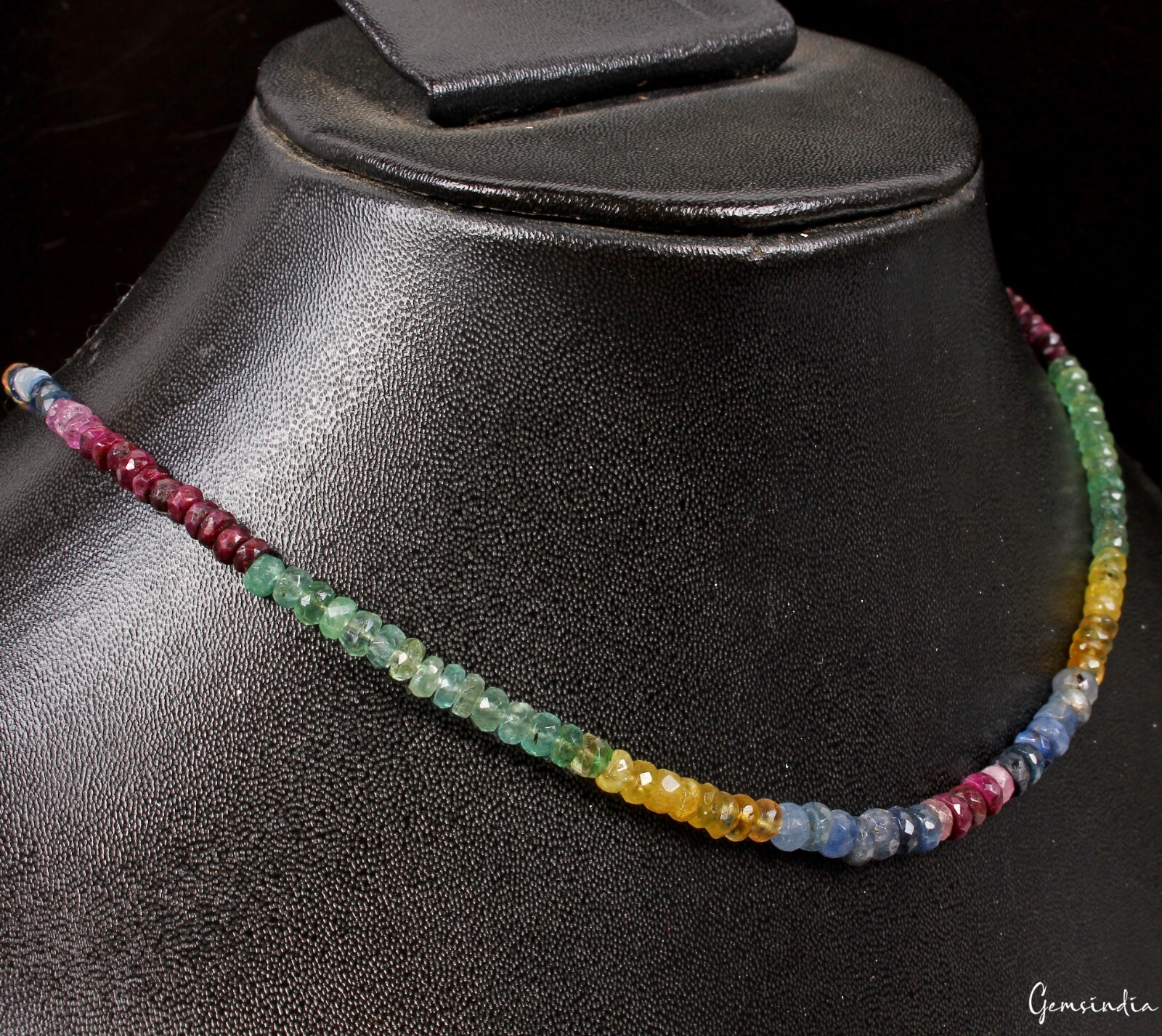 Natural Multi Color Ruby Emerald Sapphire Rondelle faceted Beads Necklace 19 In