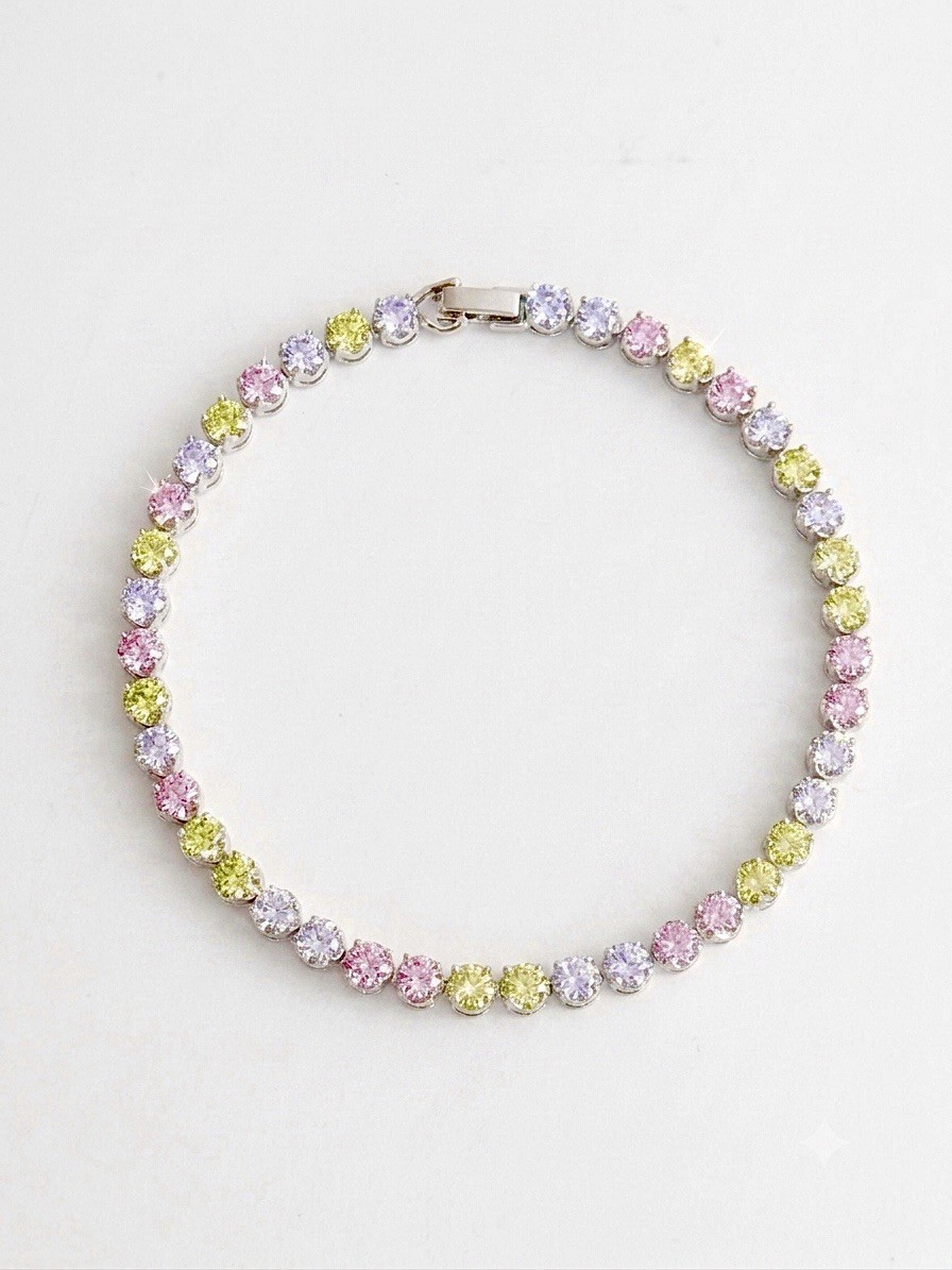 Platinum Plated Multi-Color Pastel Crystal Tennis Bracelet | Dainty Jewelry