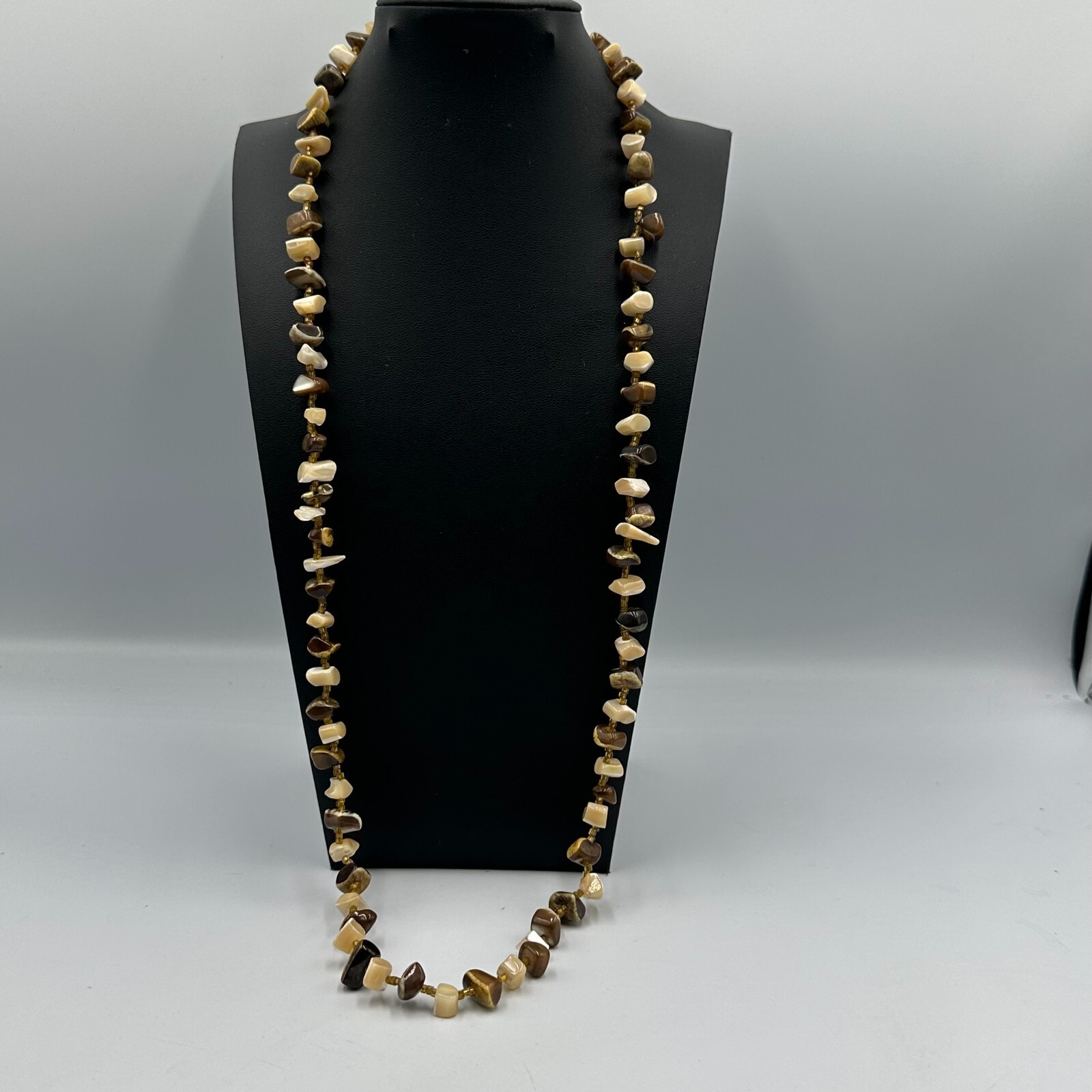 Neutral Tone Chip Bead Necklace Brown Beige Shell Look Single Strand Natural 28″