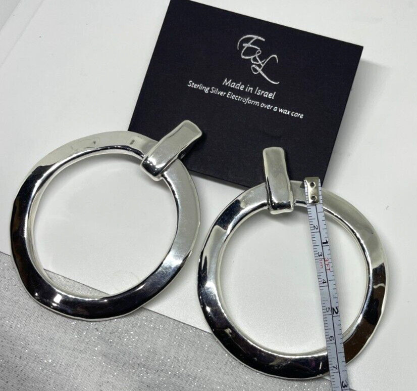 E&L Sterling Silver Electroform Textured Hoop Earrings 3.5 inches long