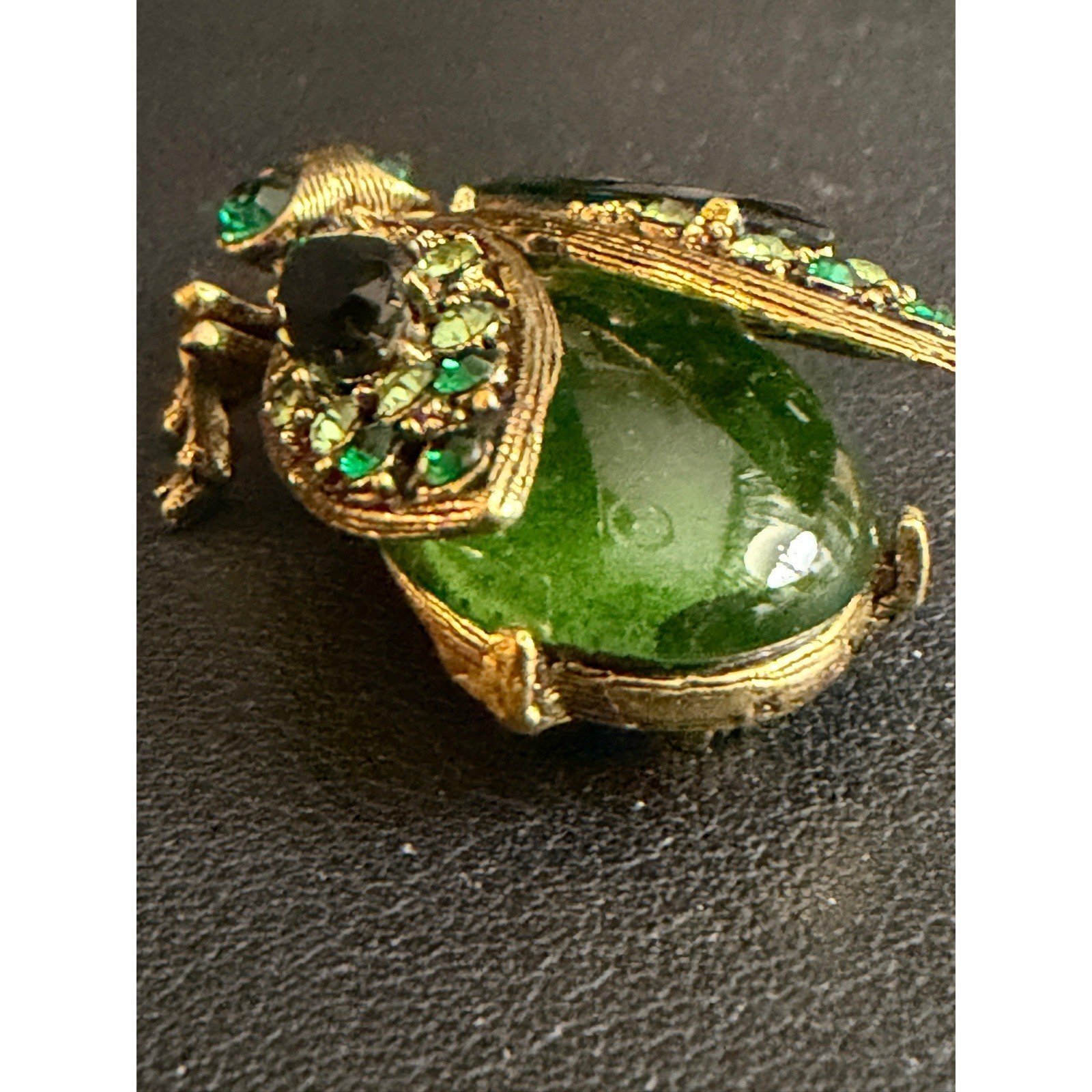 Vintage ART Insect Brooch Arthur Pepper Green Jelly Belly Rhinestone Gold Tone