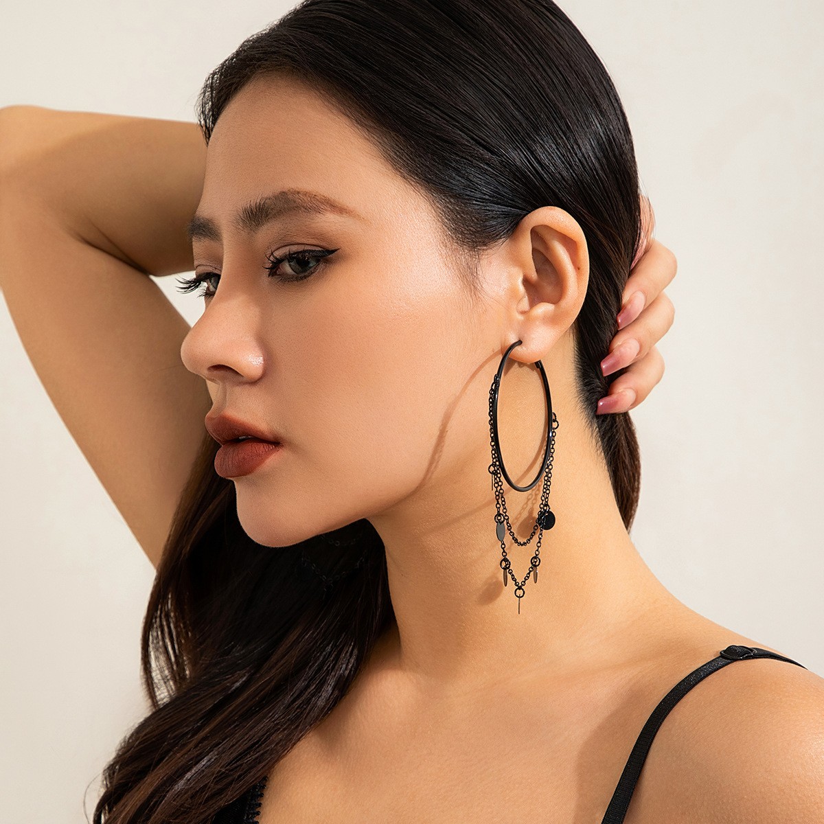 Black Chain Hoop Earrings Goth Punk Emo Star Circle Charm Alternative Jewelry